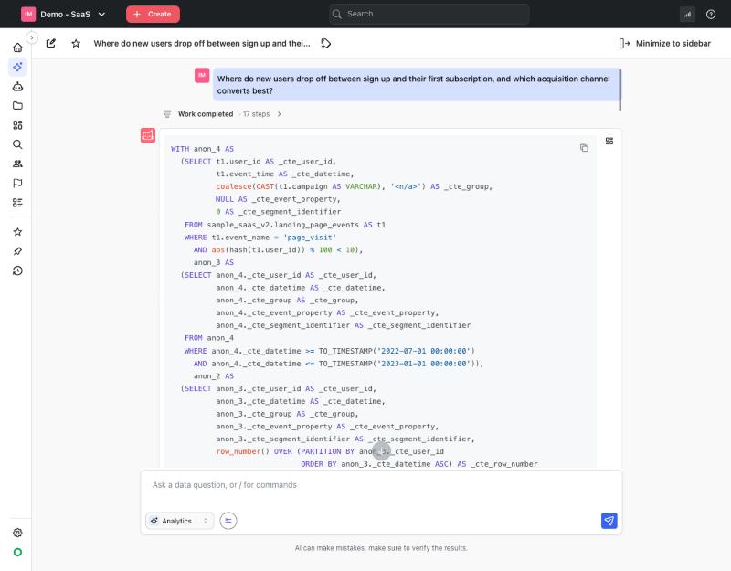 The SQL tab of a Mitzu agent answer showing the generated Databricks SQL for the funnel
